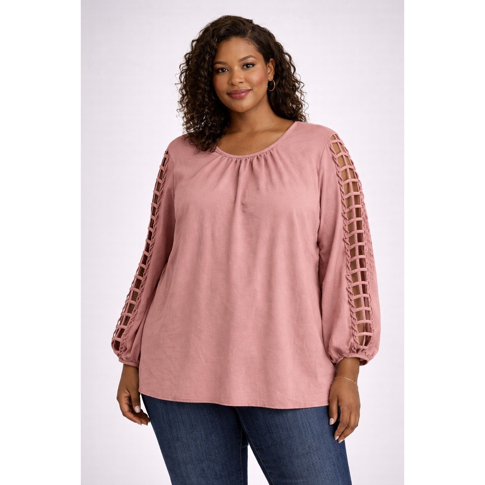 Olivia & Martin Pink‎ Boho Blouse 2X Lattice Sleeves Flowy Top